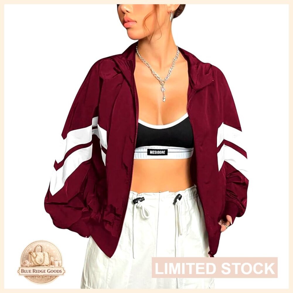Color Block Zip Up Hooded Jacket Loose Fit Windbreaker Anorak Style Outerwear